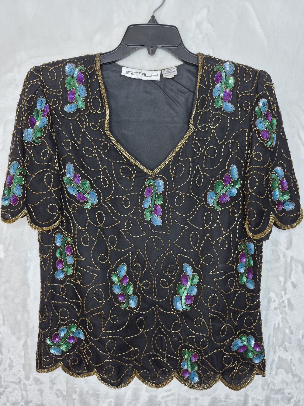 Vintage Scala 100% Silk Beaded Sequin Top Shoulder Pads Gold Womens L 20x25.5